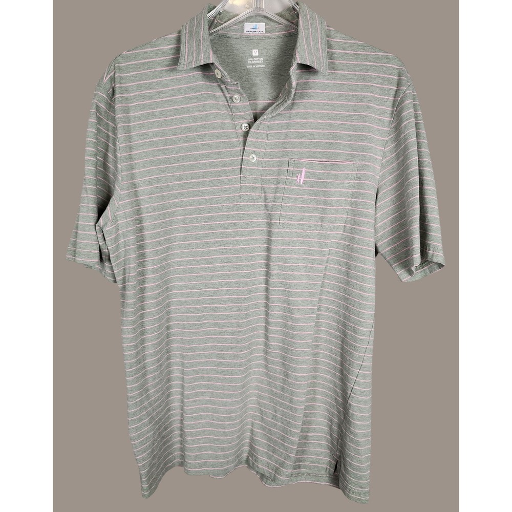 Johnnie-O Hangin Out Gray Pink Stripe Golf Polo Size M Lightweight Wicking Golf